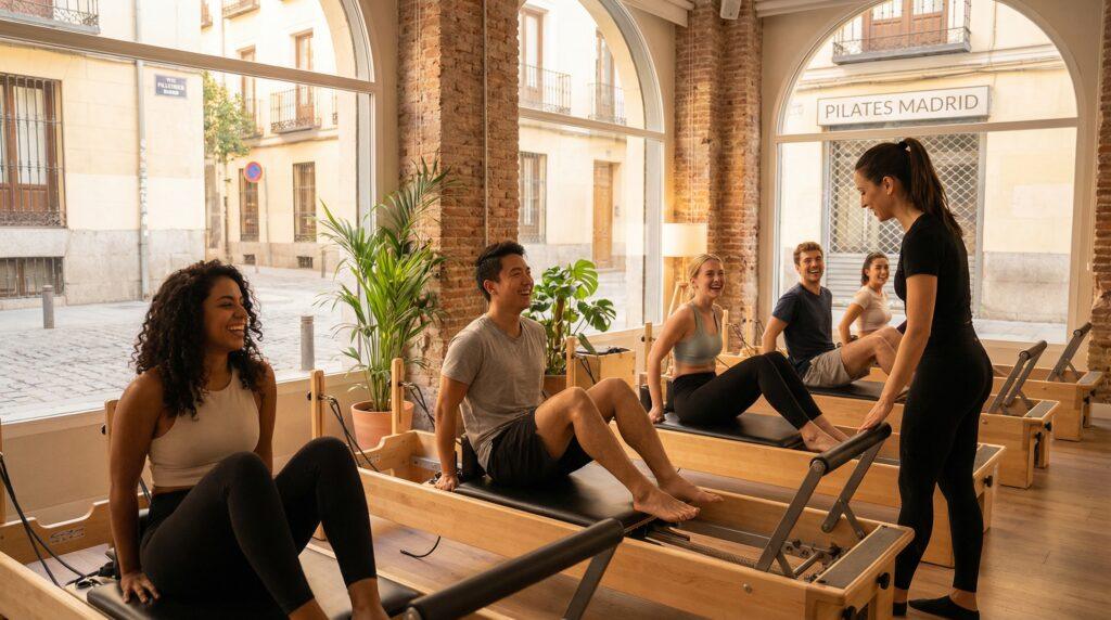 Diverse group of international students doing reformer pilates class in Madrid