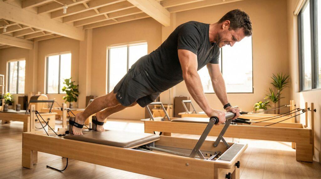 Hombre atlético haciendo ejercicio de plancha en máquina reformer de pilates