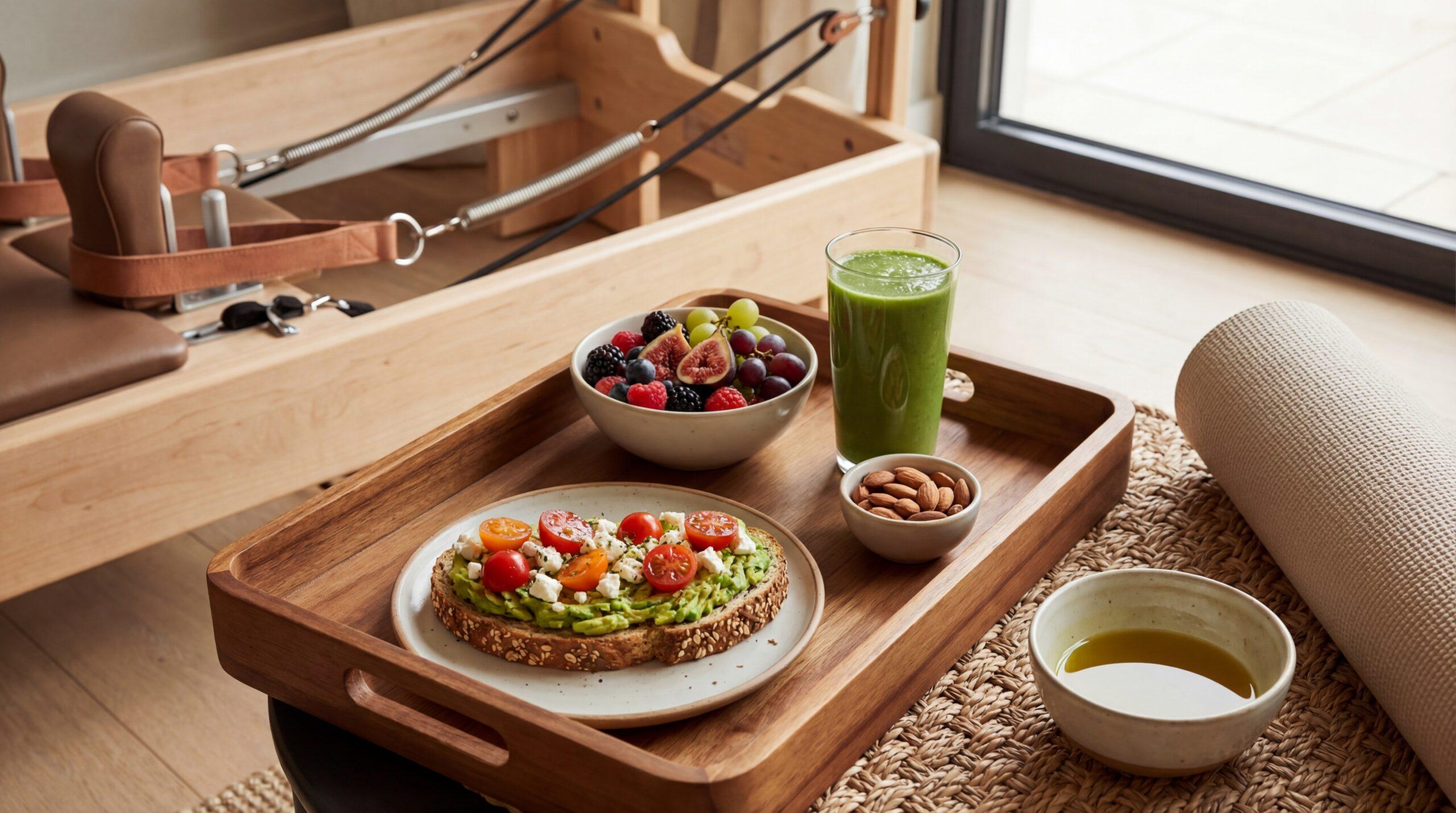 Alimentación saludable mediterránea junto a máquina reformer de pilates