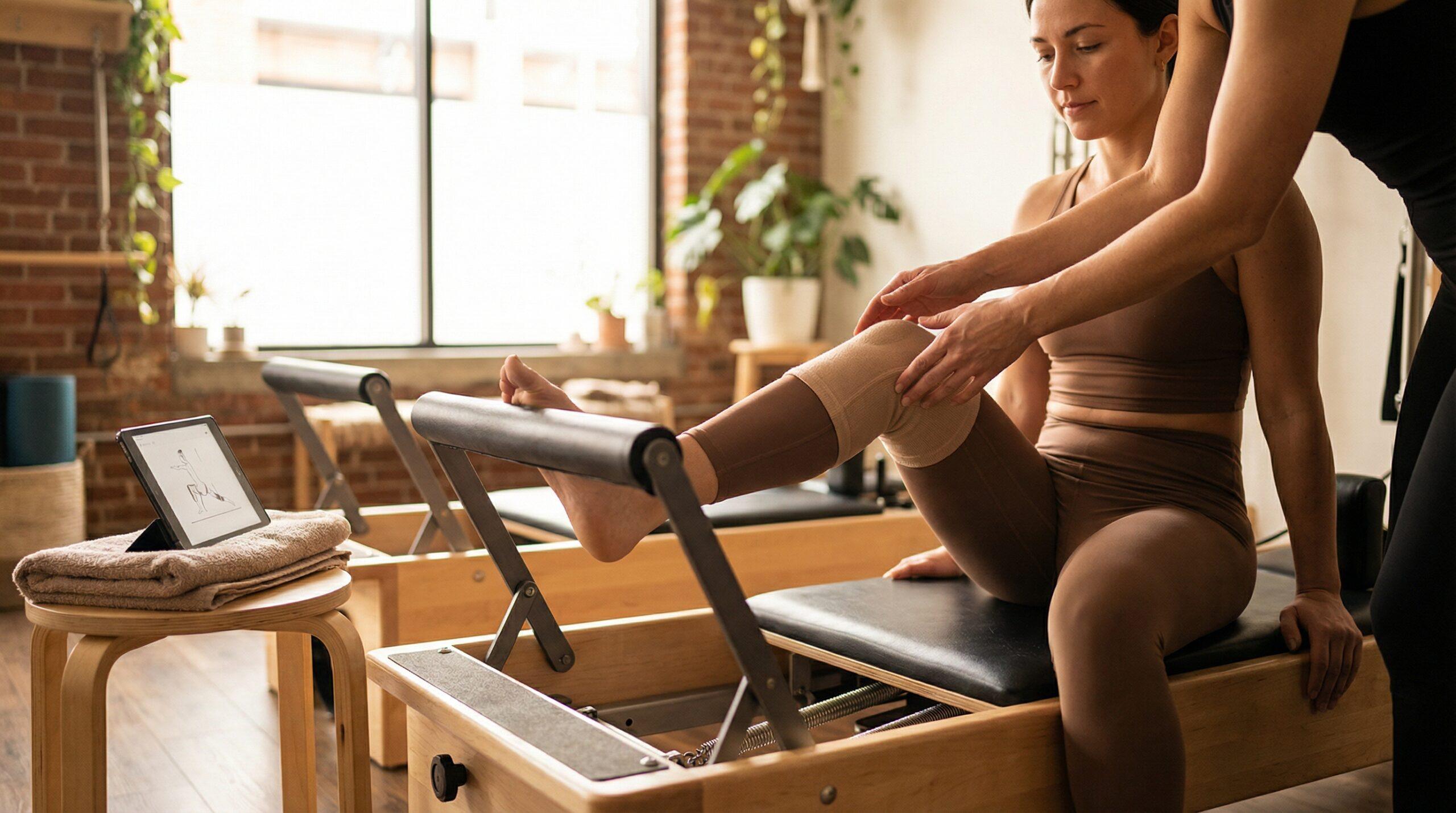 Instructora posicionando rodilla de alumna en reformer para rehabilitación