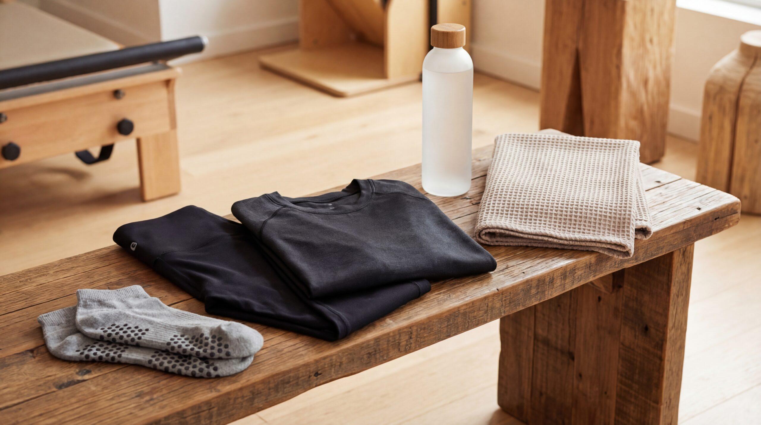 Ropa y accesorios para pilates reformer: leggings, camiseta, calcetines grip y toalla